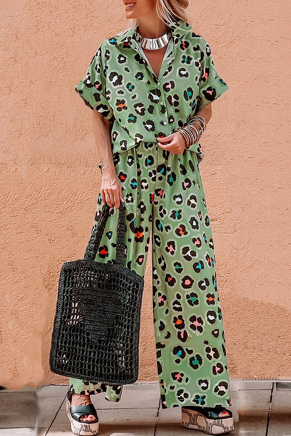 Green Leopard Print Short Sleeve Shirt and Wide Leg Pants Set - loveforevers