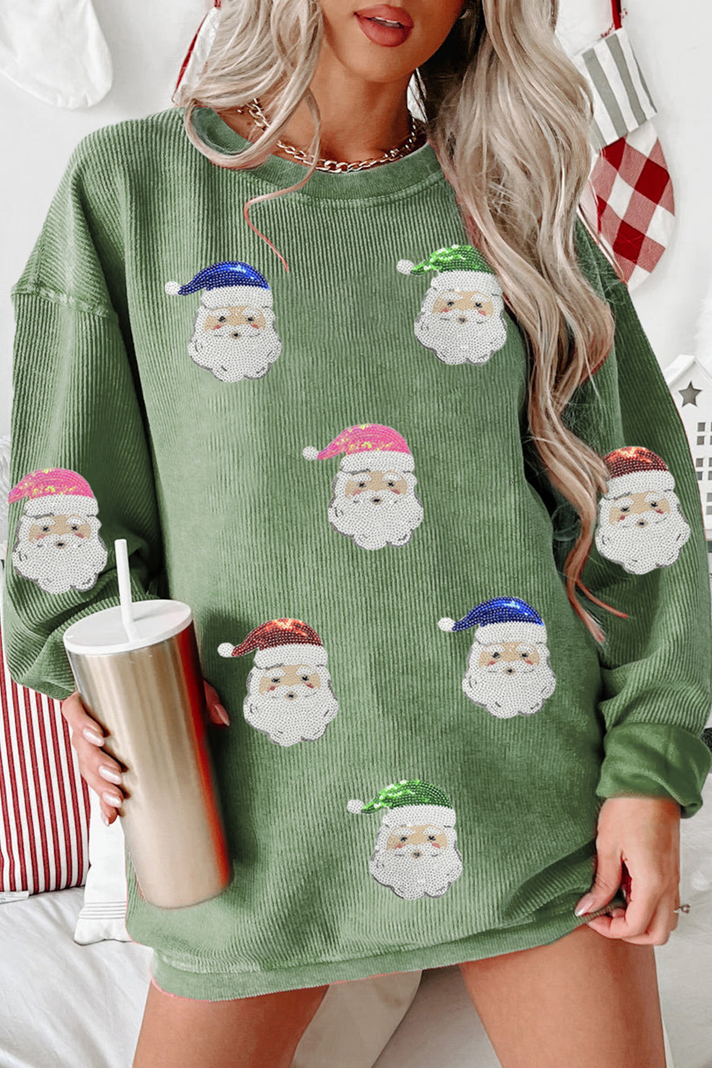 Grass Green Corded Ribbed Sequin Patched Santa Claus Graphic Sweatshirt - loveforevers