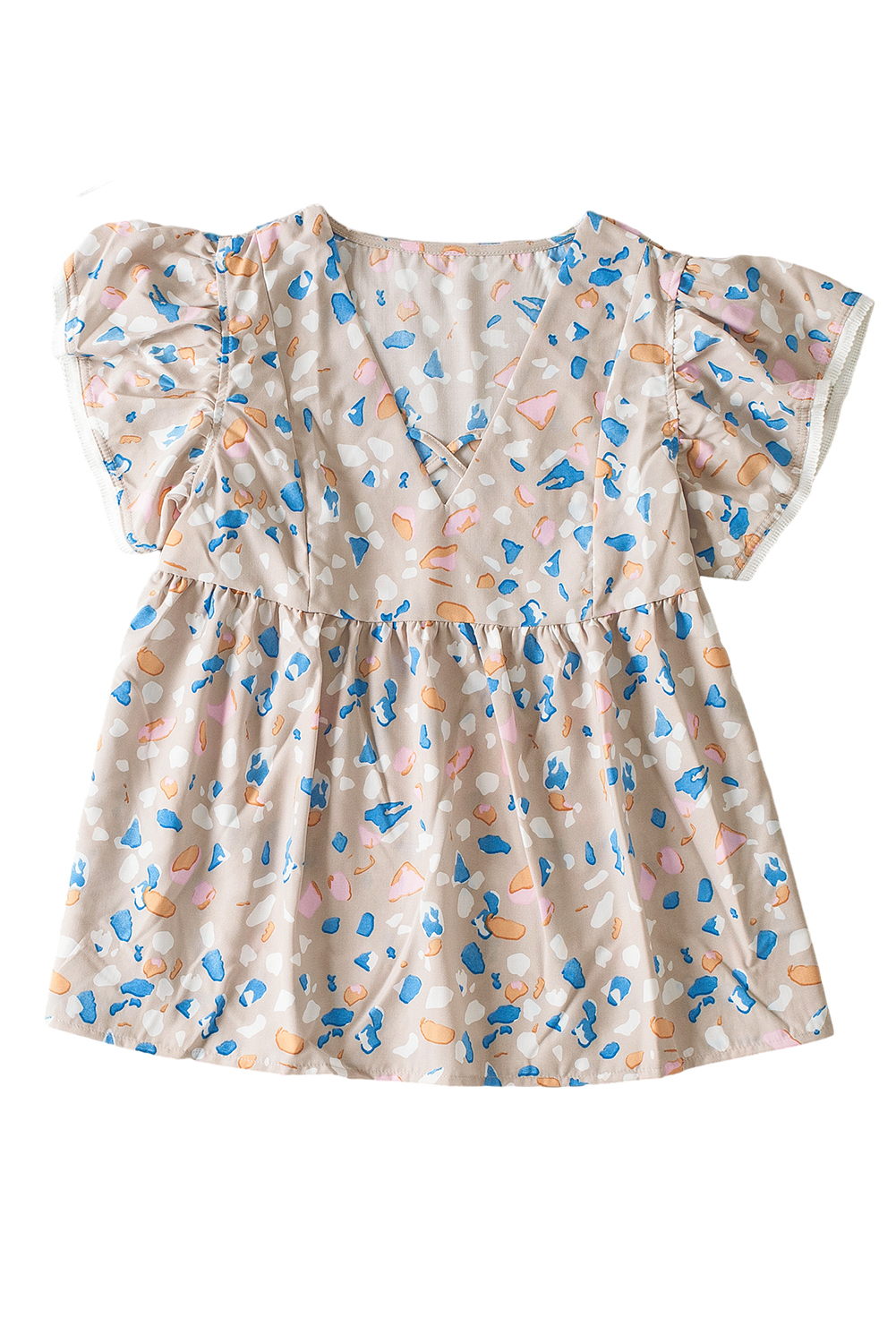 Khaki Crisscross V Neck Ruffle Sleeve Printed Flowy Blouse - loveforevers