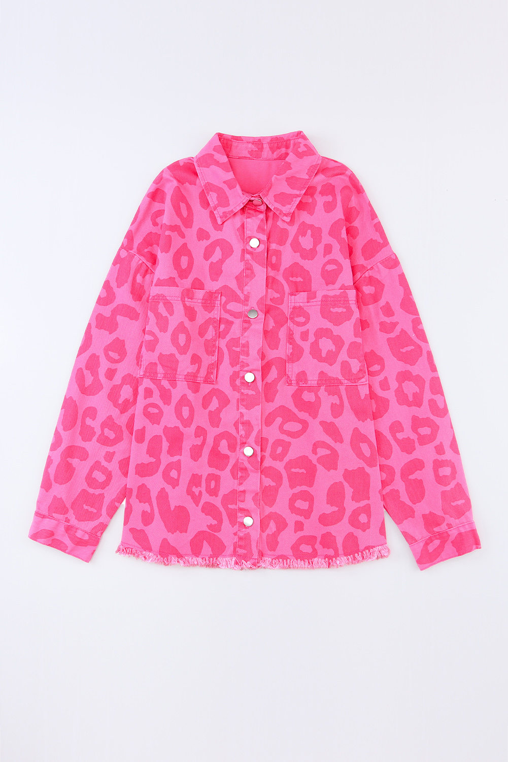 Pink Leopard Print Button Cuffs Raw Hem Jacket - loveforevers
