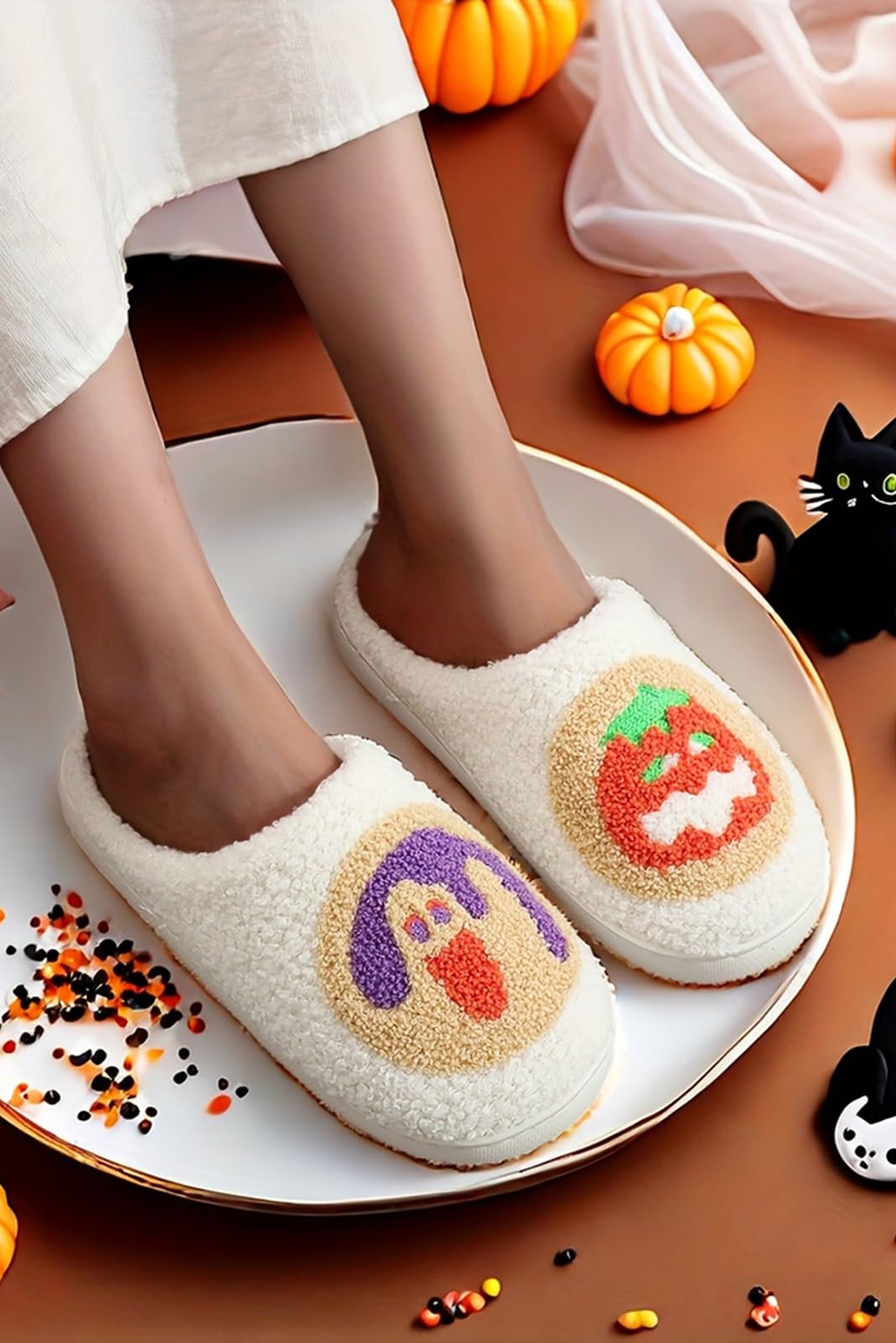 White Halloween Pumpkin Plush Winter Home Slippers - loveforevers