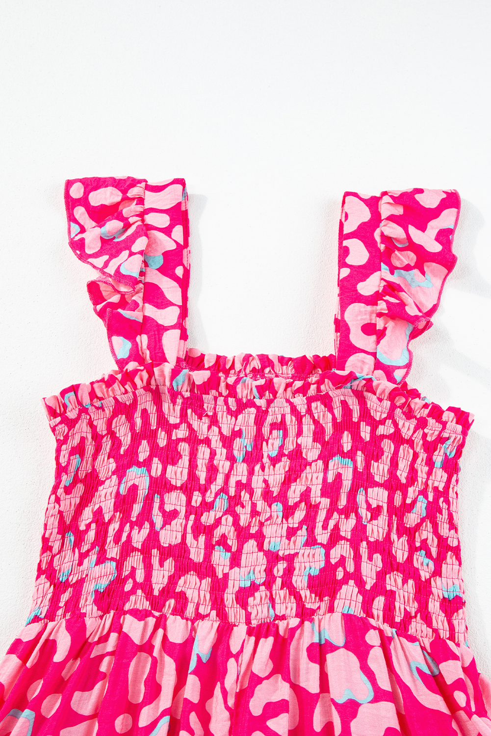 Pink Leopard Ruffle Straps Smocked High Waist Long Dress - loveforevers