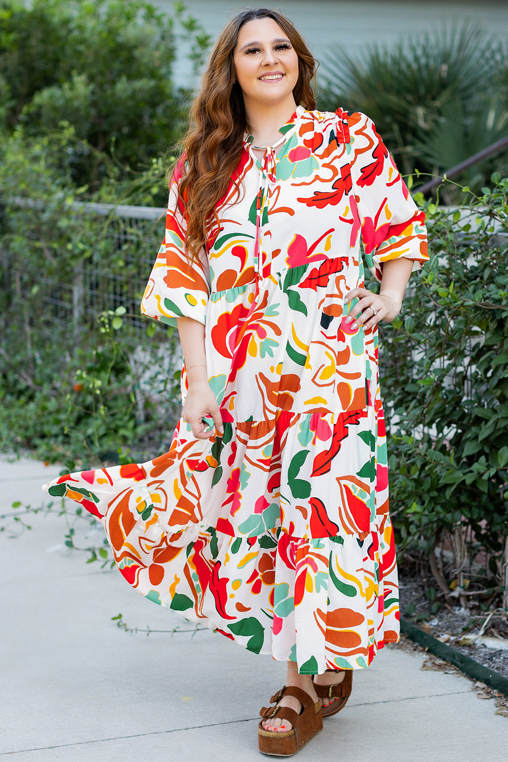Orange Floral Print Drawstring V Neck Tiered Plus Size Dress - loveforevers