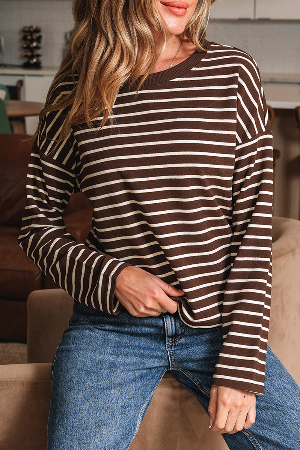 Brown Stripe Ribbed Cropped Crew Neck Long Sleeve T Shirt - loveforevers