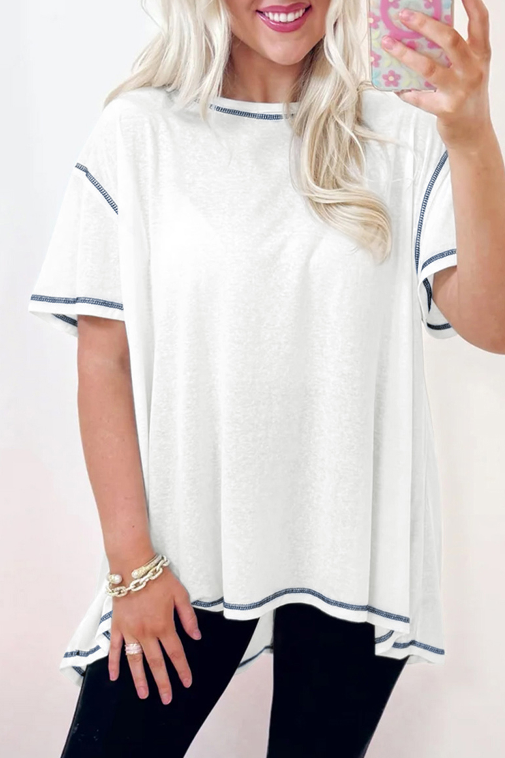 White Contrast Exposed Stitching Relaxed Fit T Shirt - loveforevers
