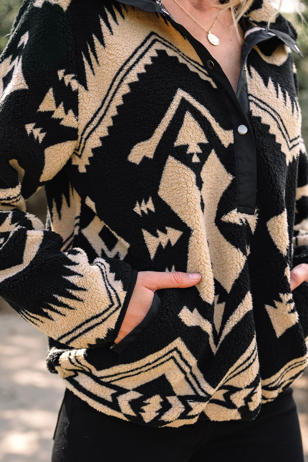 Black Western Aztec Half Placket Plush Sweatshirt - loveforevers