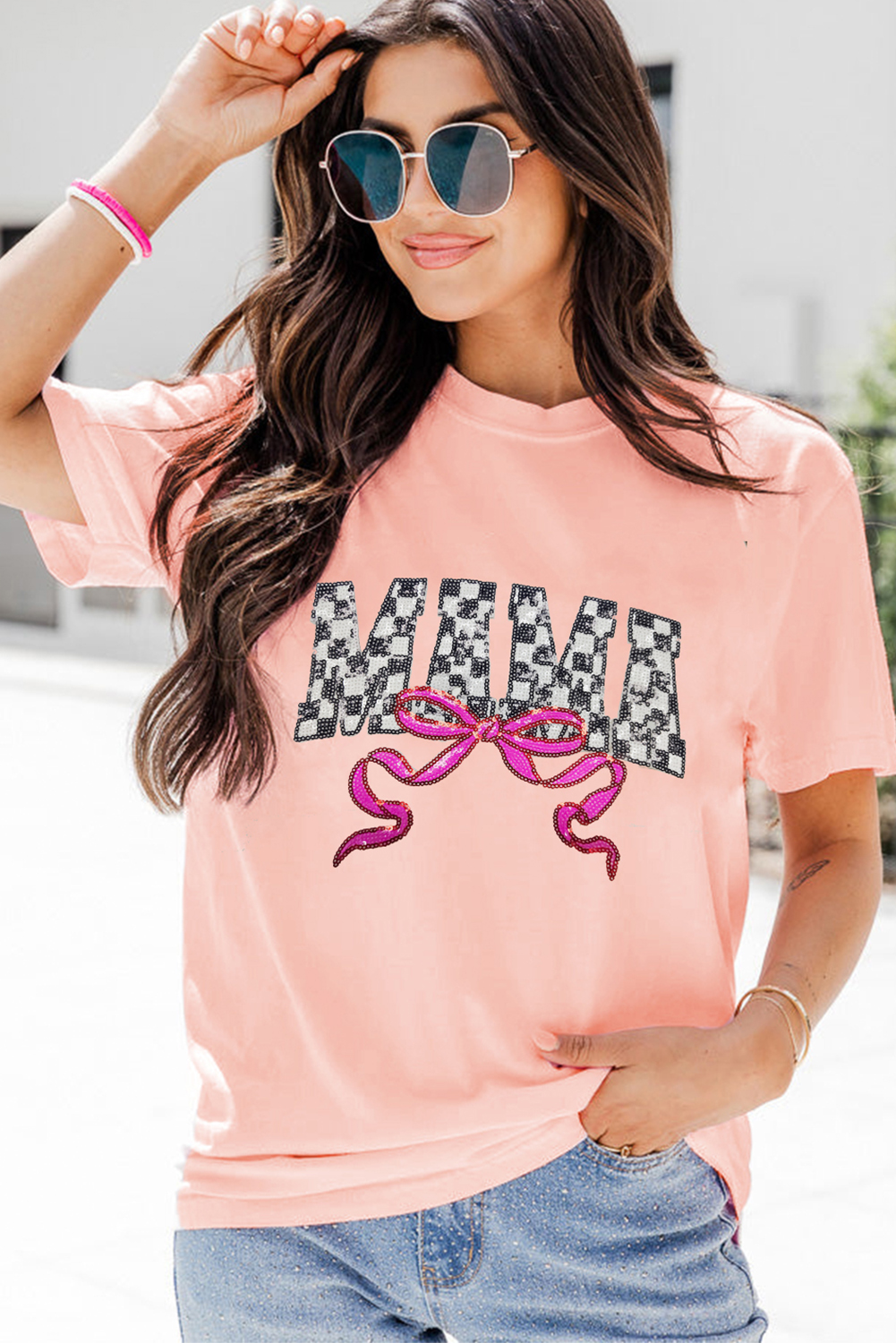 Pink Sequin Checkered MAMA Bow Graphic T Shirt - loveforevers