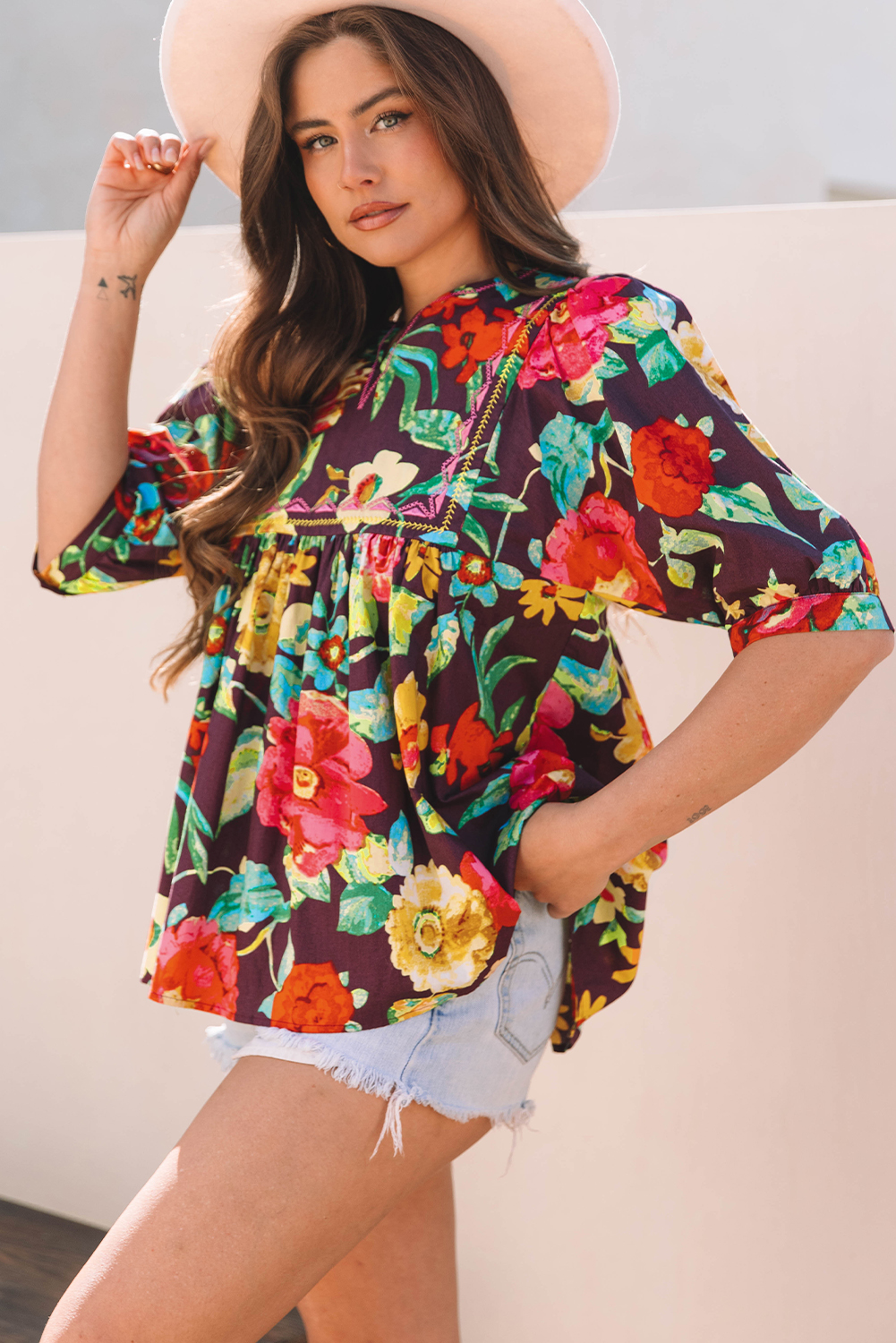 Greyish Purple Rose Flower Embroidered Trim Half Sleeve Blouse - loveforevers