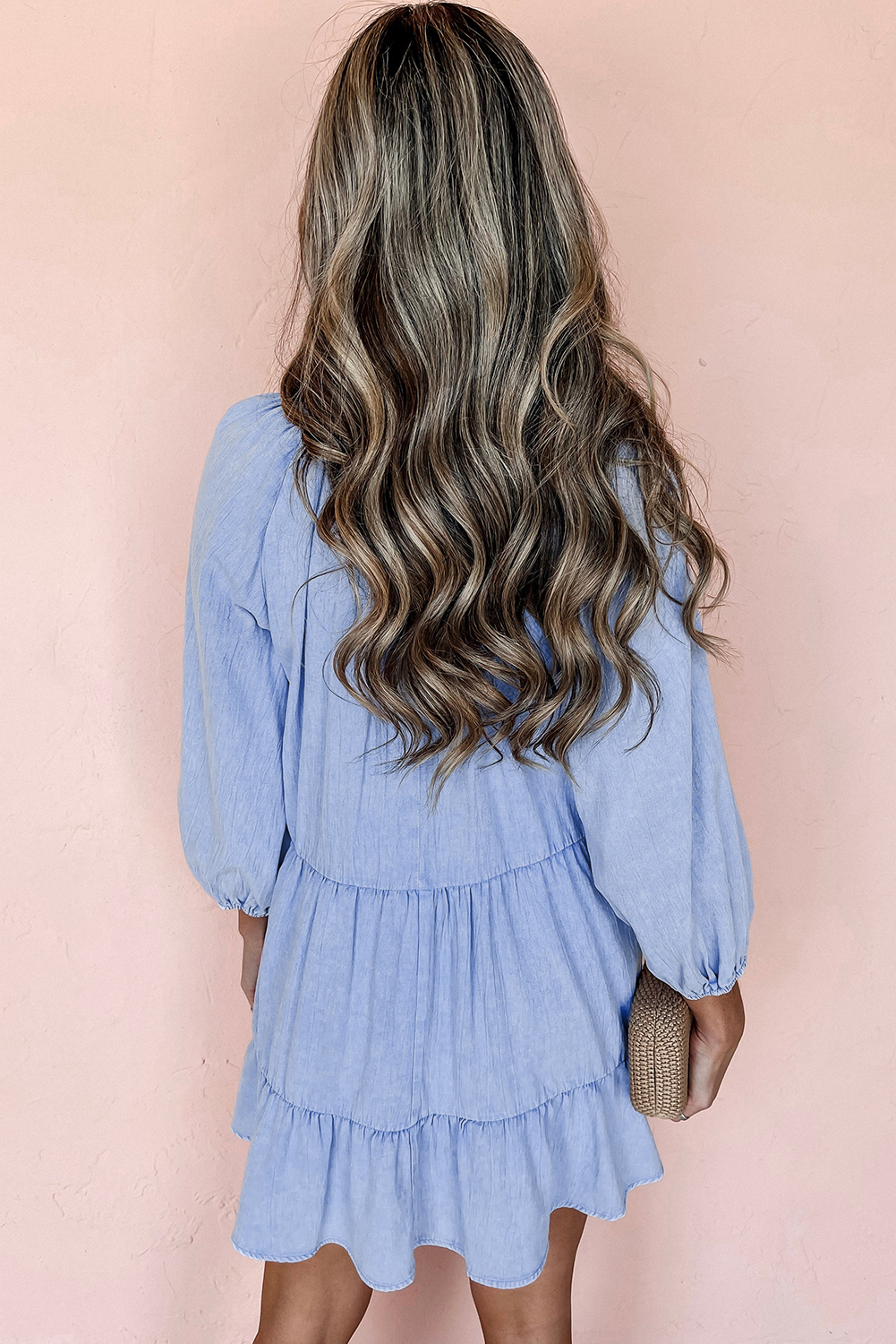 Beau Blue Puff Sleeve V Neck Tiered Ruffled Chambray Mini Dress - loveforevers