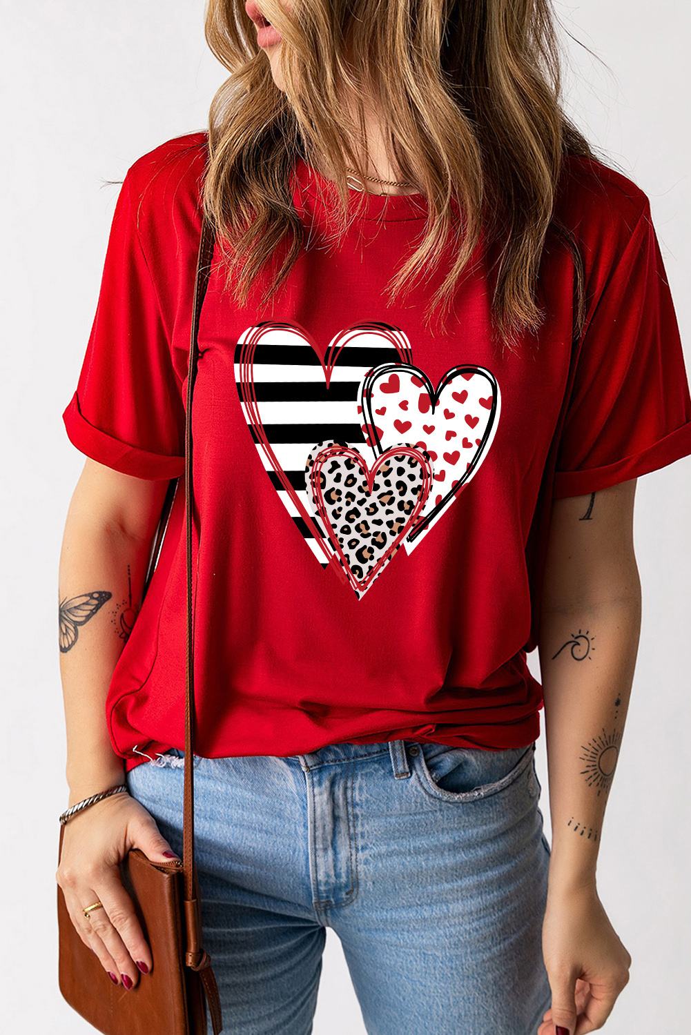 Red Leopard Striped Heart Shaped Print Crew Neck T Shirt - loveforevers