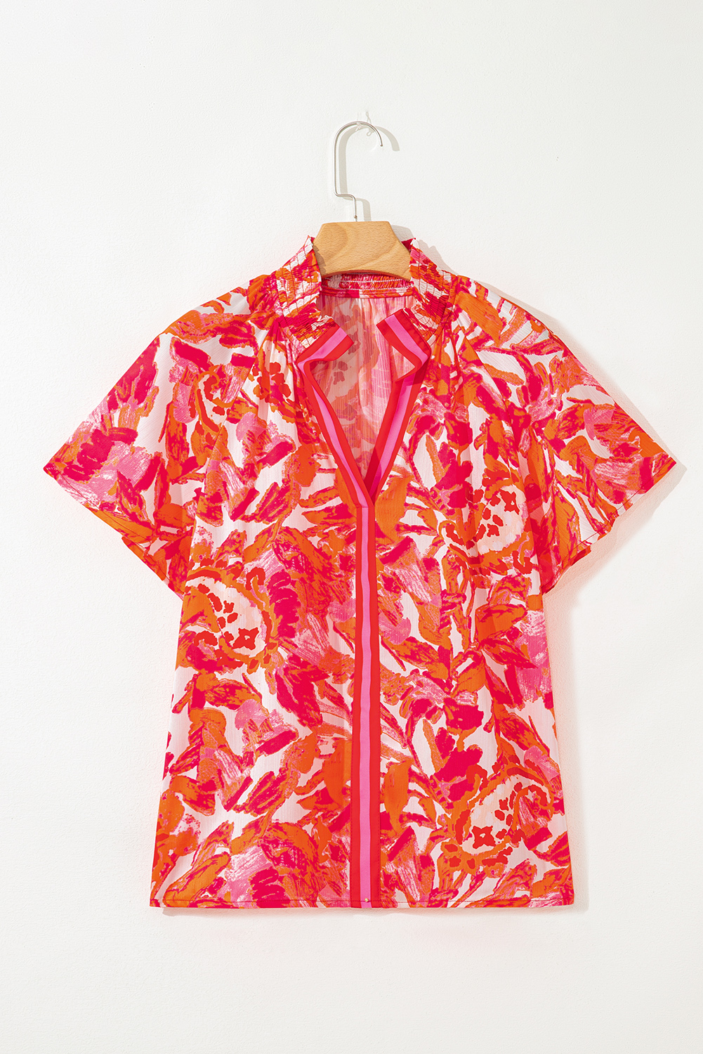 Rose Abstract Print Striped Trim Split Neck Blouse - loveforevers