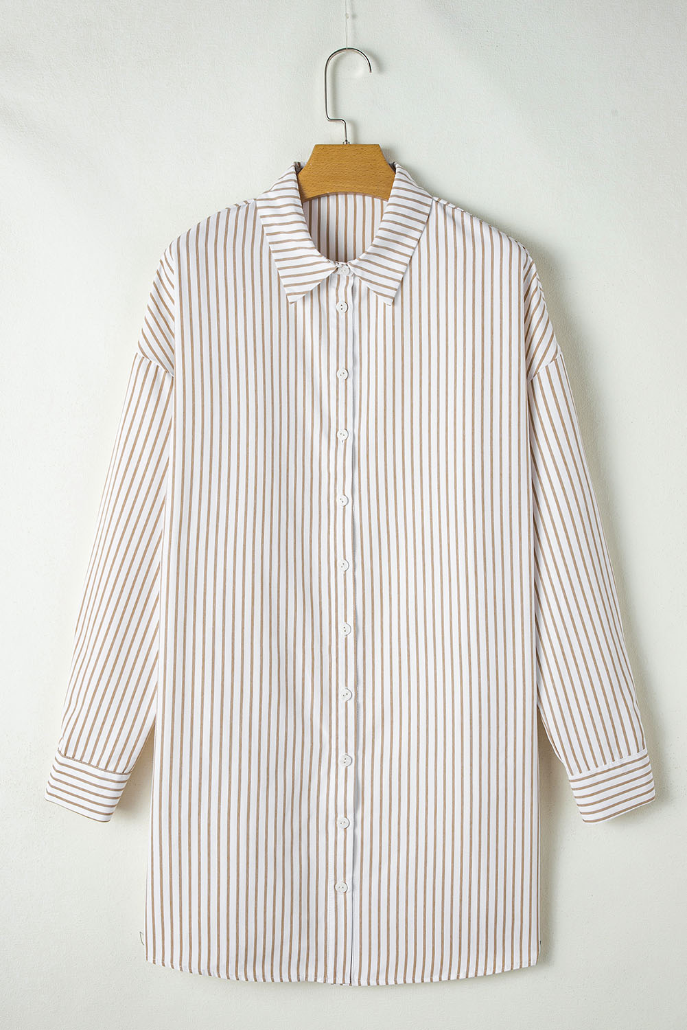 Khaki Stripe Long Sleeve Button Up Mini Shirt Dress - loveforevers