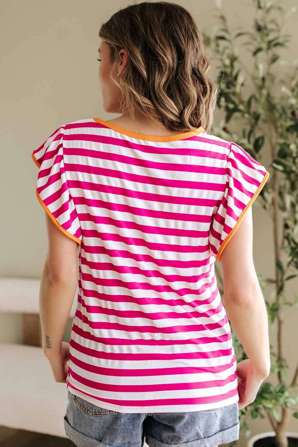 Rose Red Striped Ruffle Sleeve Crew Neck Blouse - loveforevers