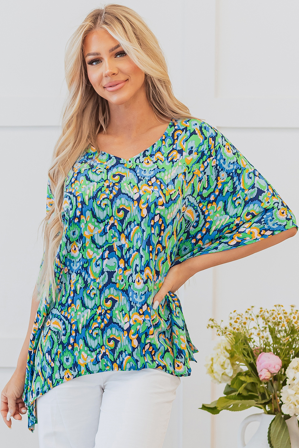 Pink Abstract Print V Neck Half Sleeve Loose Fit Tunic Blouse - loveforevers
