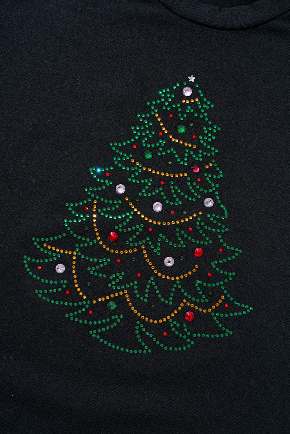 Black Rhinestone Christmas Tree Round Neck Graphic Tee - loveforevers