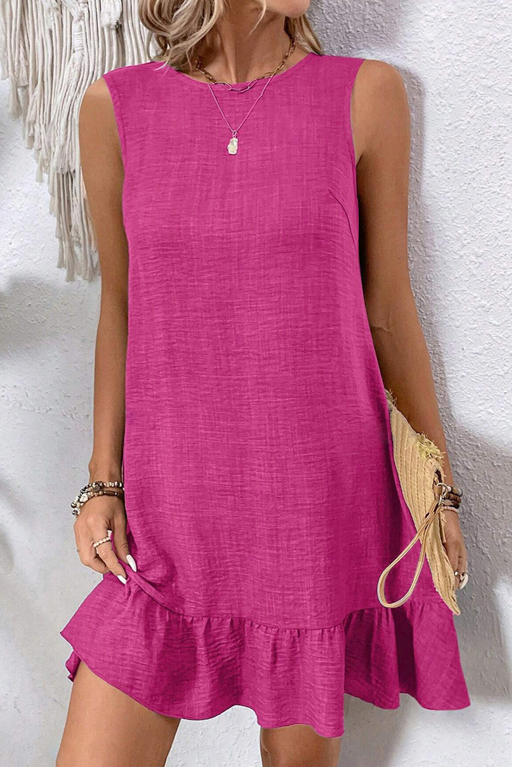 Bright Pink Knot Scoop Back Ruffle Hem Sleeveless Mini Dress - loveforevers