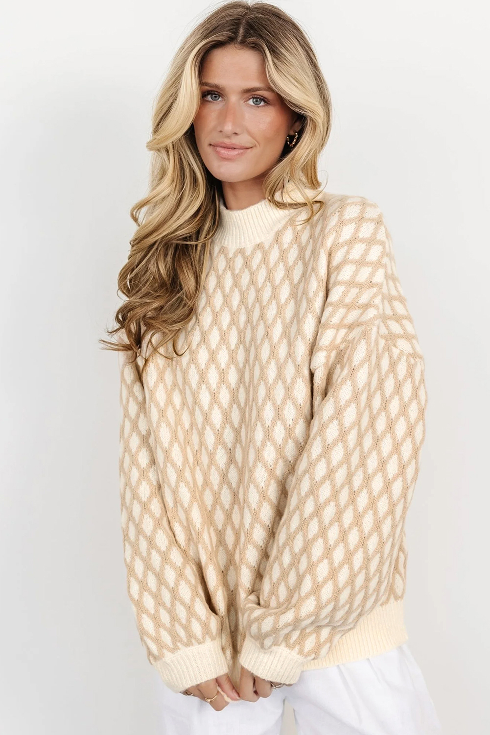 Oatmeal Diamond Knit Drop Shoulder Loose Sweater - loveforevers