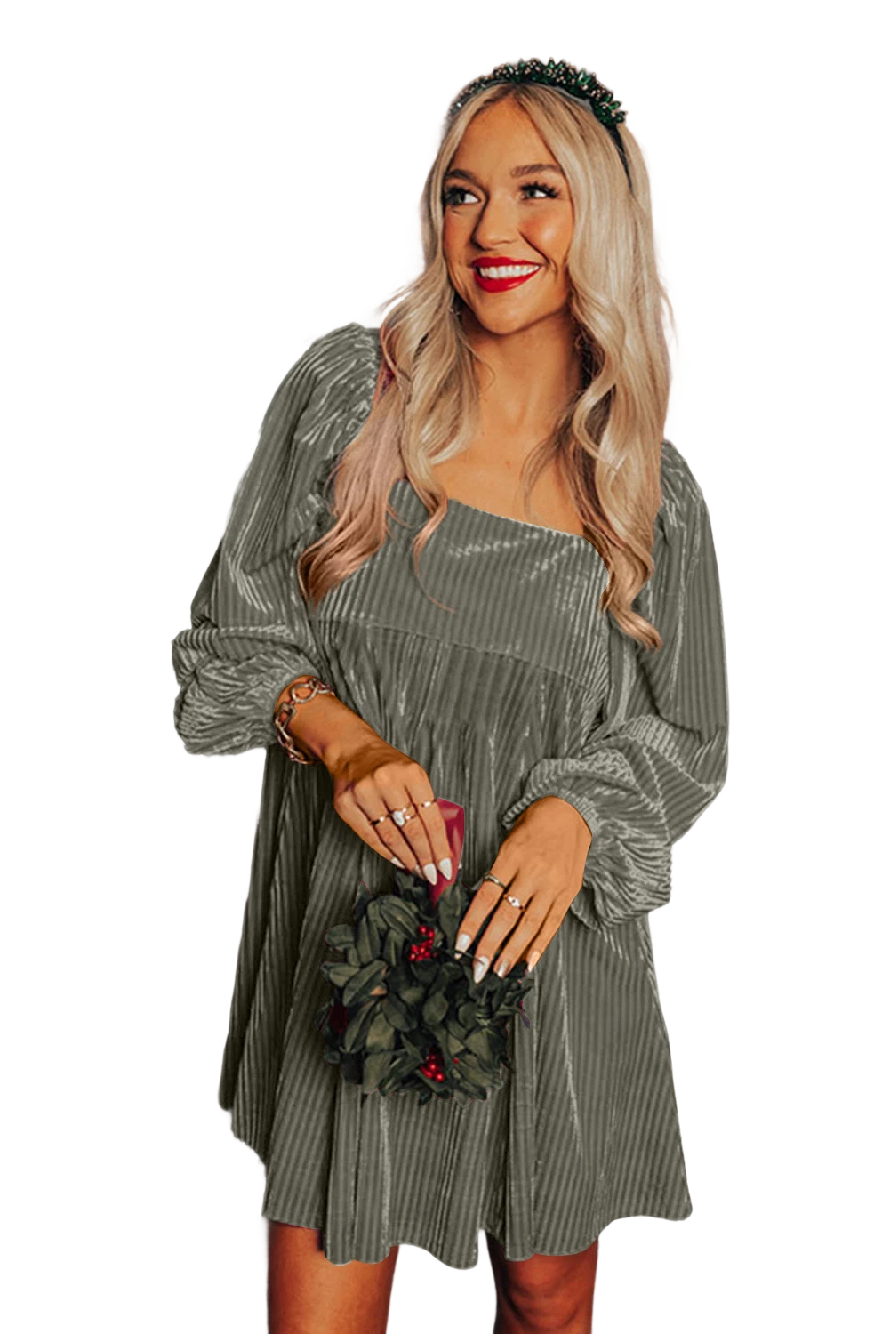 Gray Tie Back Square Neck Velvet Babydoll Dress - loveforevers