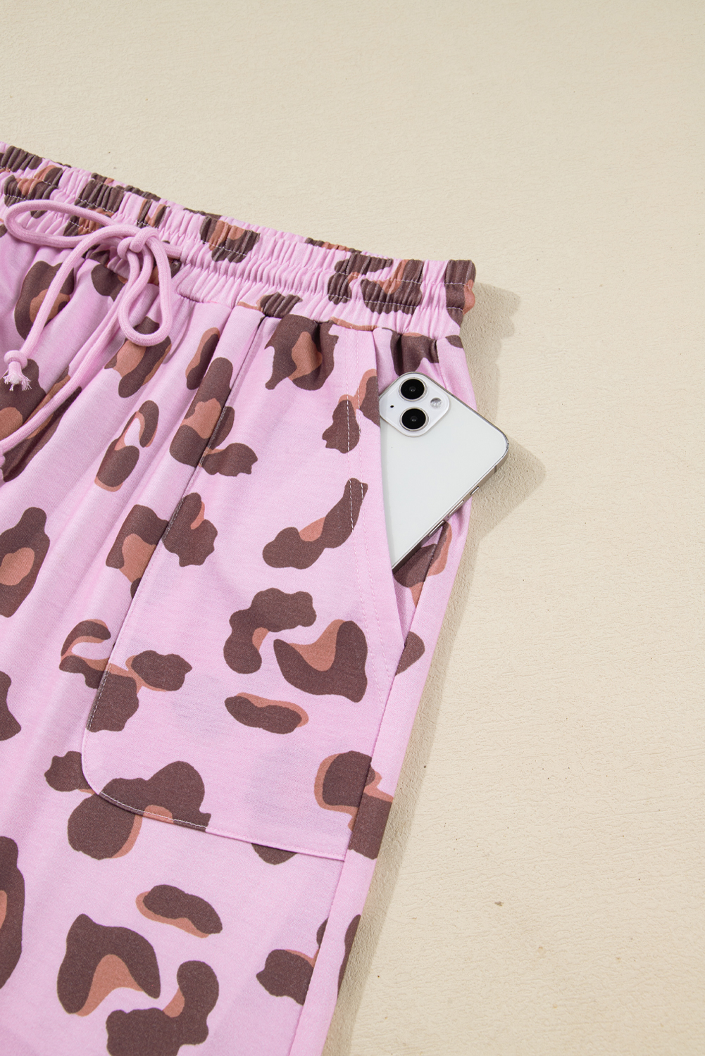 Beige Drawstring Leopard Print Patch Pocket Loose Pants - loveforevers