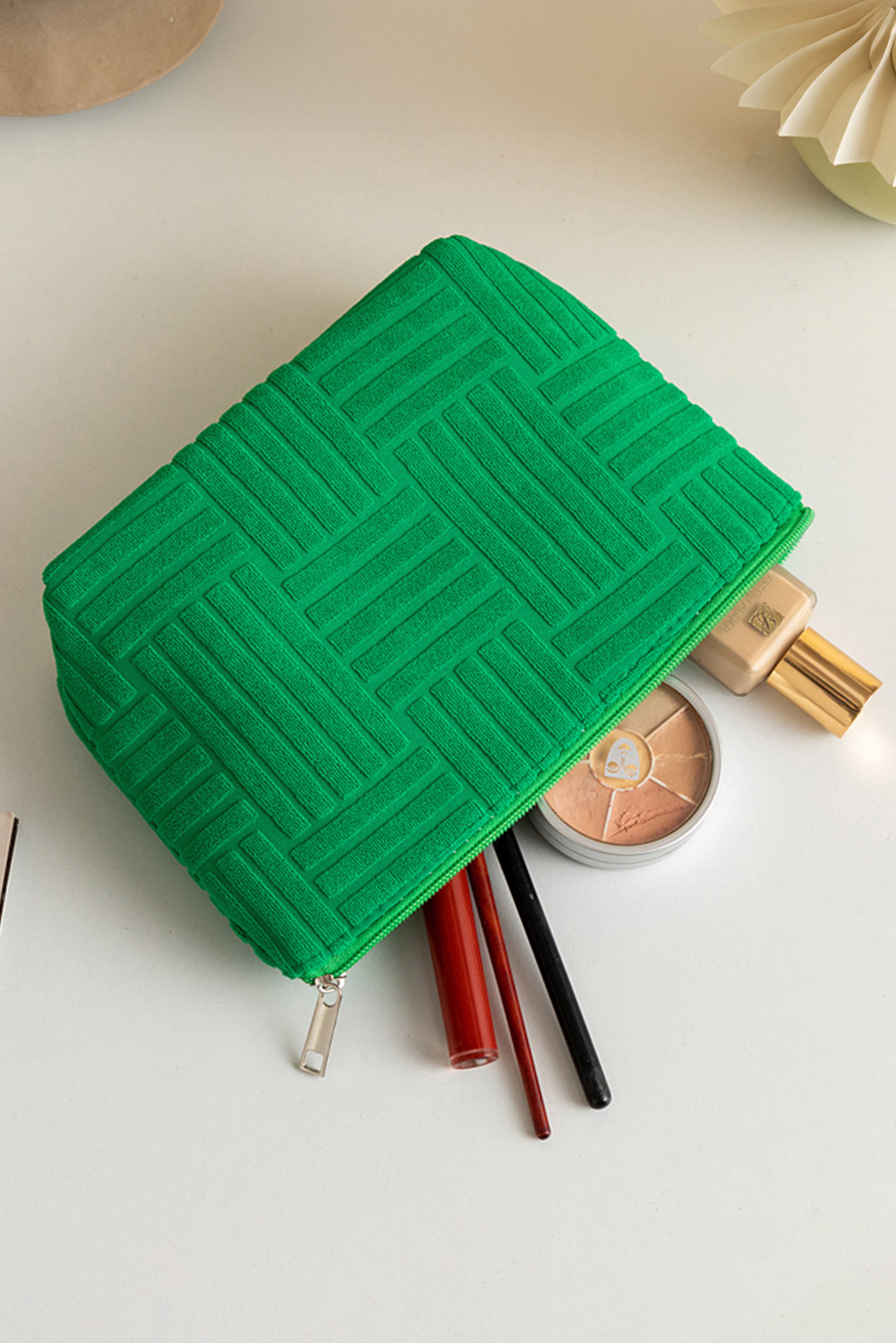 Dark Green Textured Woven Pattern Zipper Cosmetic Bag - loveforevers