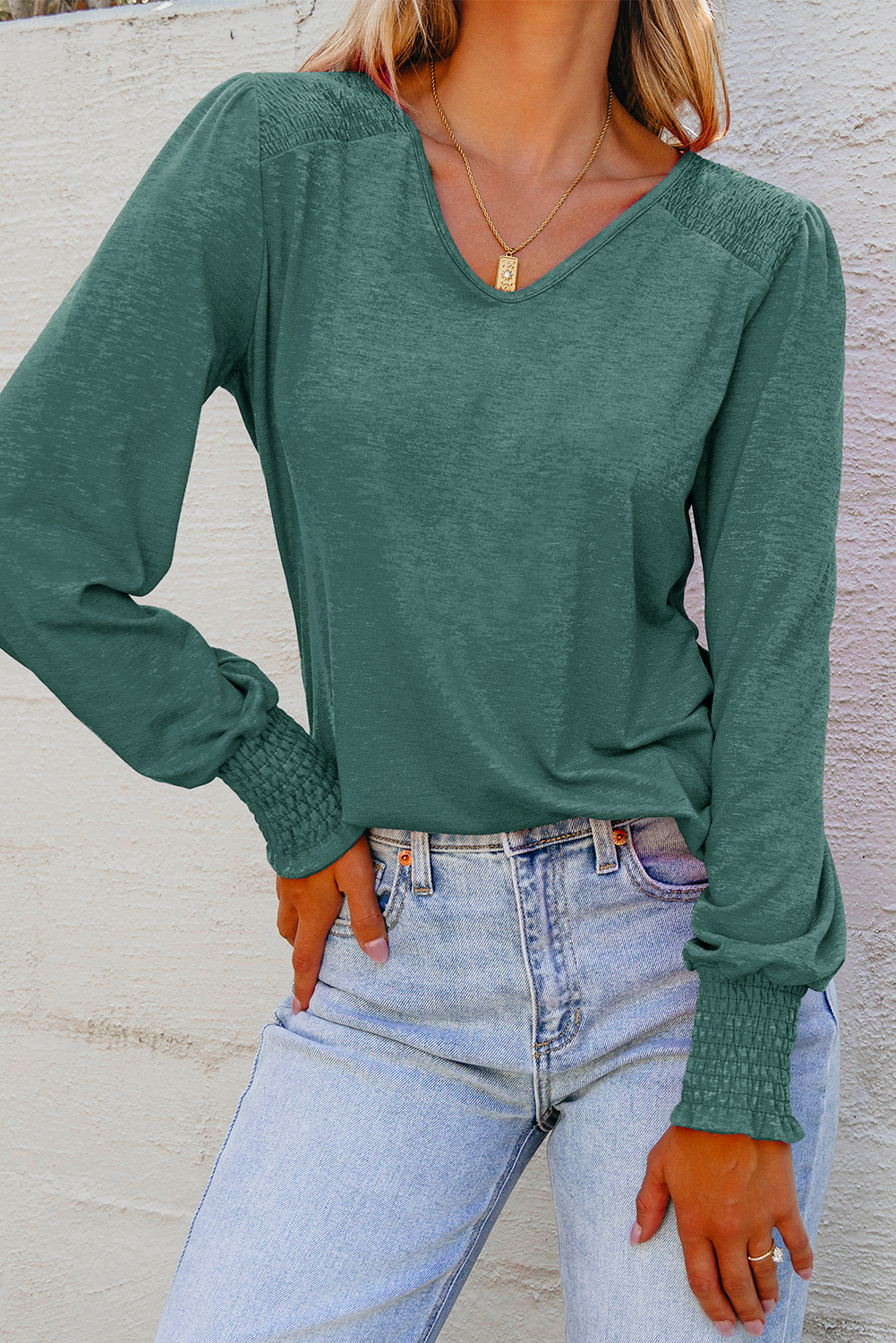 Beige Shirred Shoulder Frilled Cuffs Long Sleeve Top - loveforevers