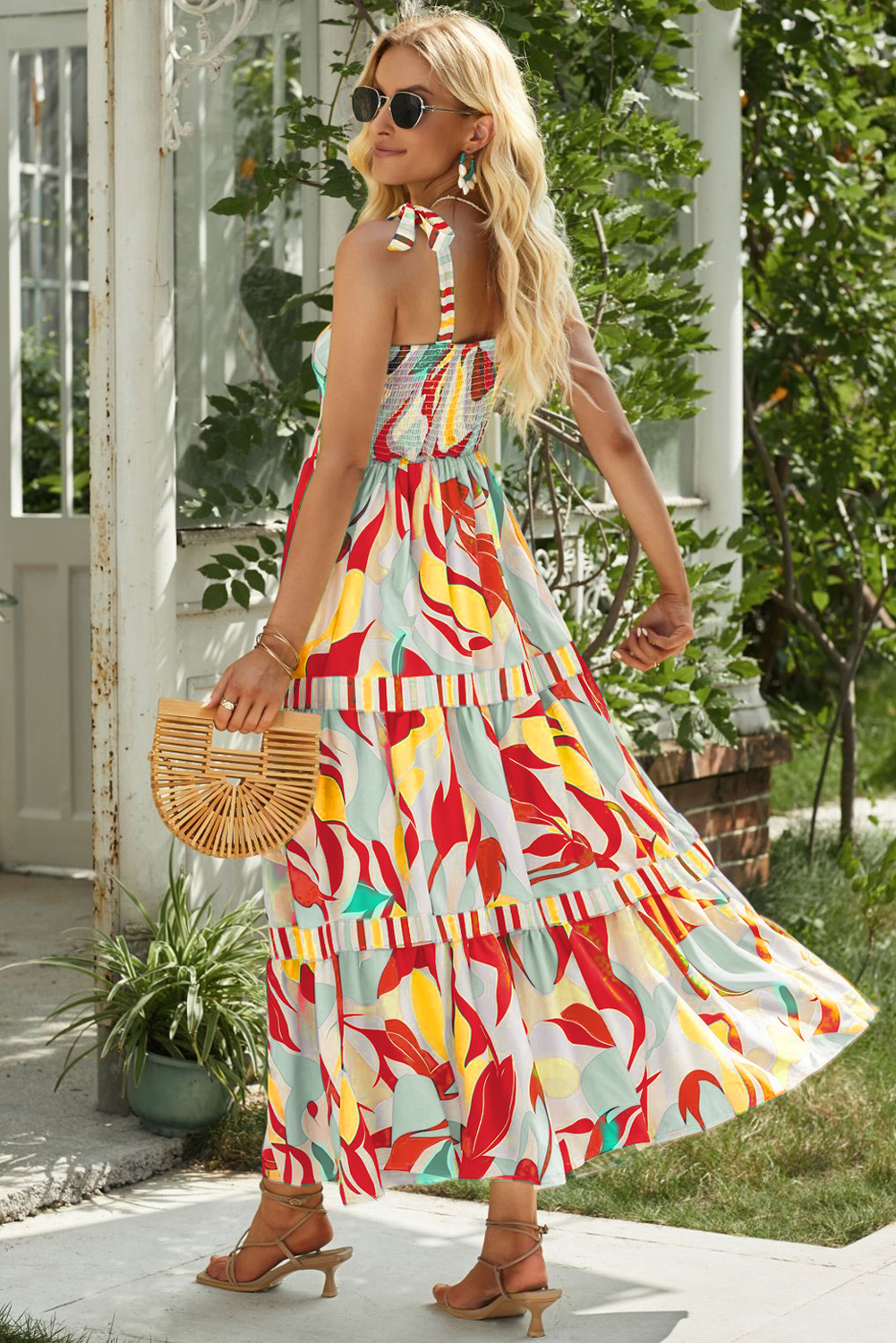 Sky Blue Abstract Print Striped Detail Knot Strap Maxi Dress - loveforevers
