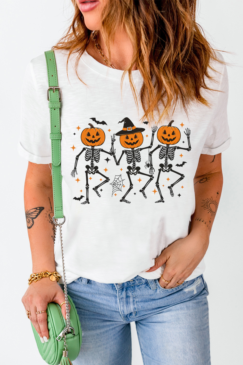 White Halloween Pumpkin Skeleton Graphic Cotton Blend Tee - loveforevers