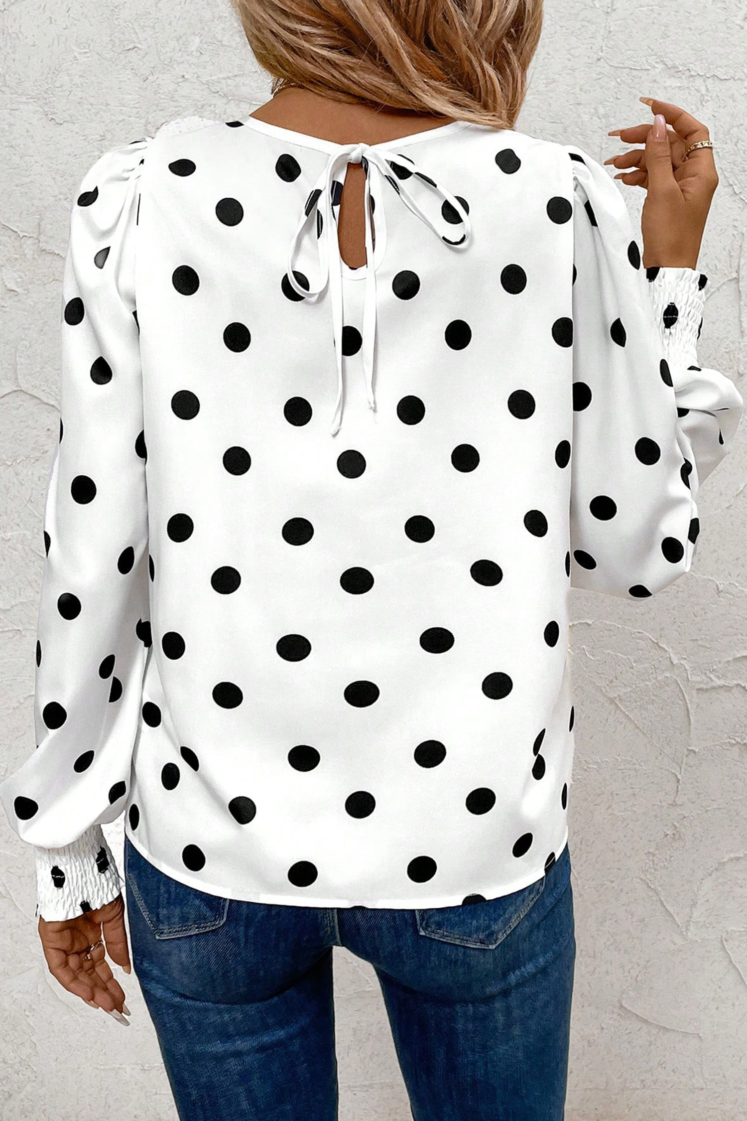 White Polka Dot Print Round Neck Frilled Long Sleeve Blouse - loveforevers