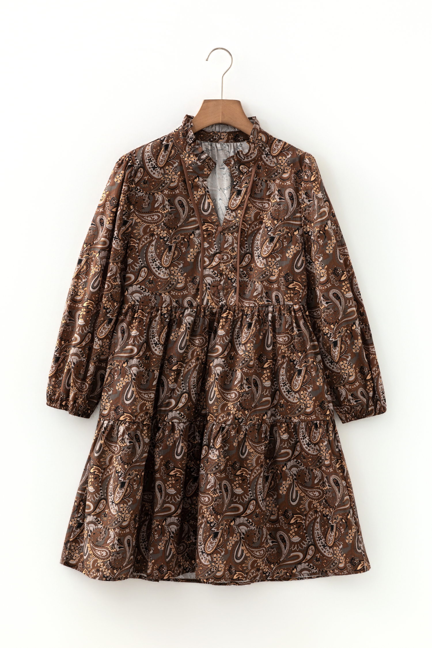 Brown Paisley Print Half Buttons Puff Sleeve Flowy Short Dress - loveforevers