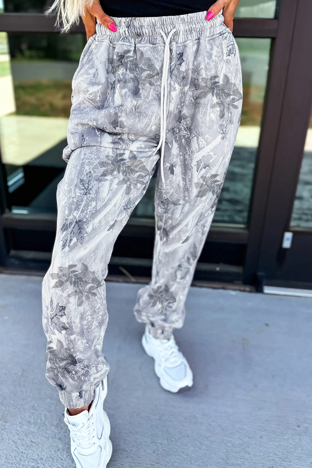 Gray Camo Print Cozy Drawstring Elastic Waist Jogger Pants - loveforevers