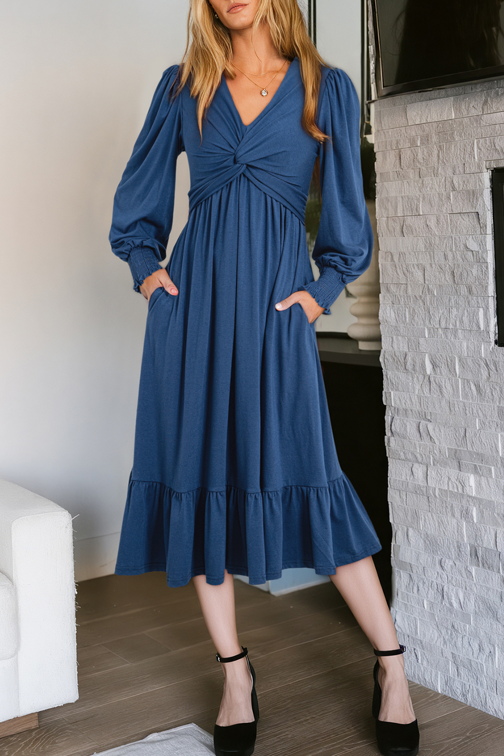 Sail Blue Solid Color Front Twist Puff Sleeve Ruffled Dress - loveforevers