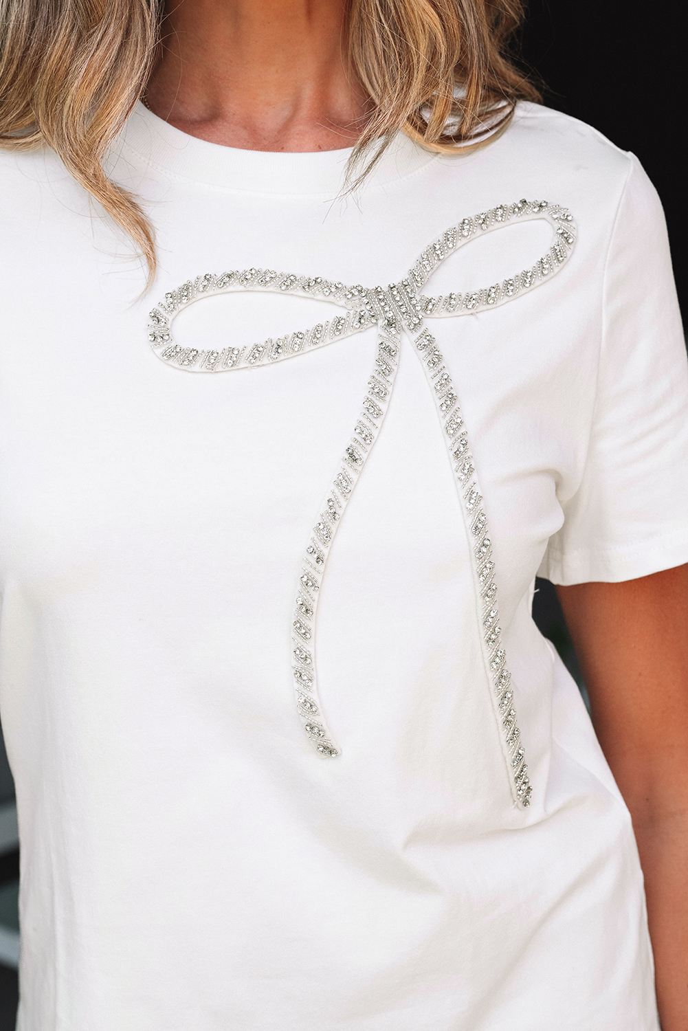 White Rhinestone Bow Embellished Round Neck Tee - loveforevers
