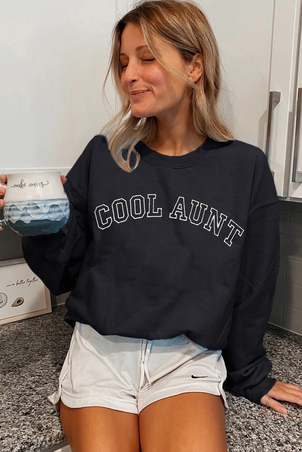 Black COOL AUNT Embroidered Letter Graphic Sweatshirt - loveforevers