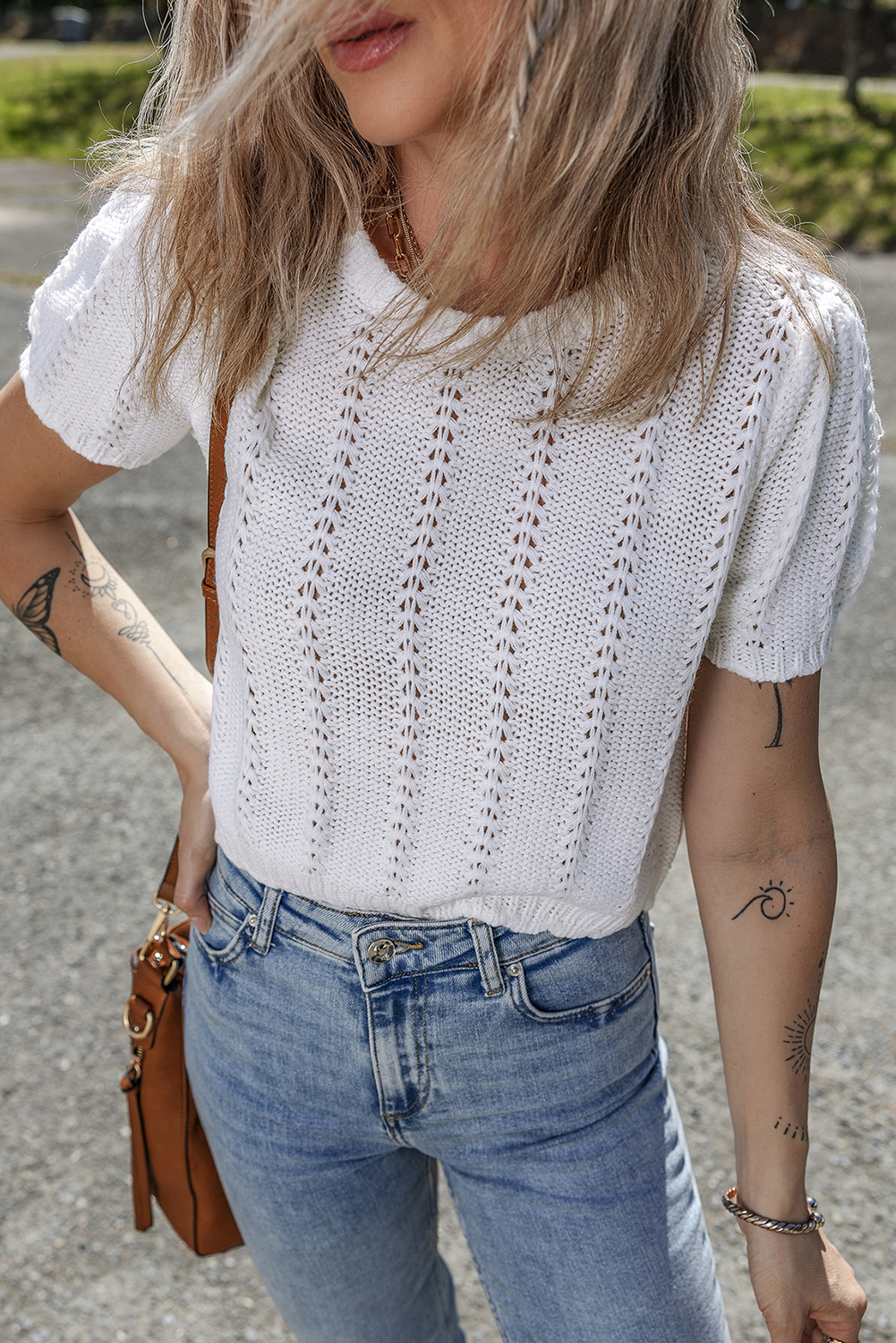 White Pointelle Knit Short Puff Sleeve Crewneck Sweater - loveforevers