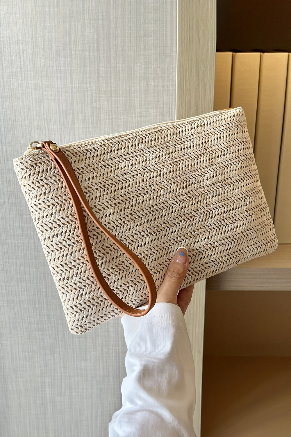 Oatmeal Straw Woven Wrist Strap Zipper Large Wallet - loveforevers