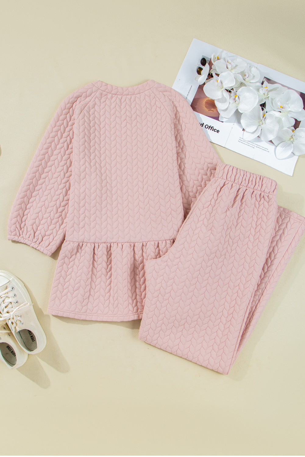 Delicacy Braided Texture Ruffle Hem Top Drawstring Loose Pants Set - loveforevers