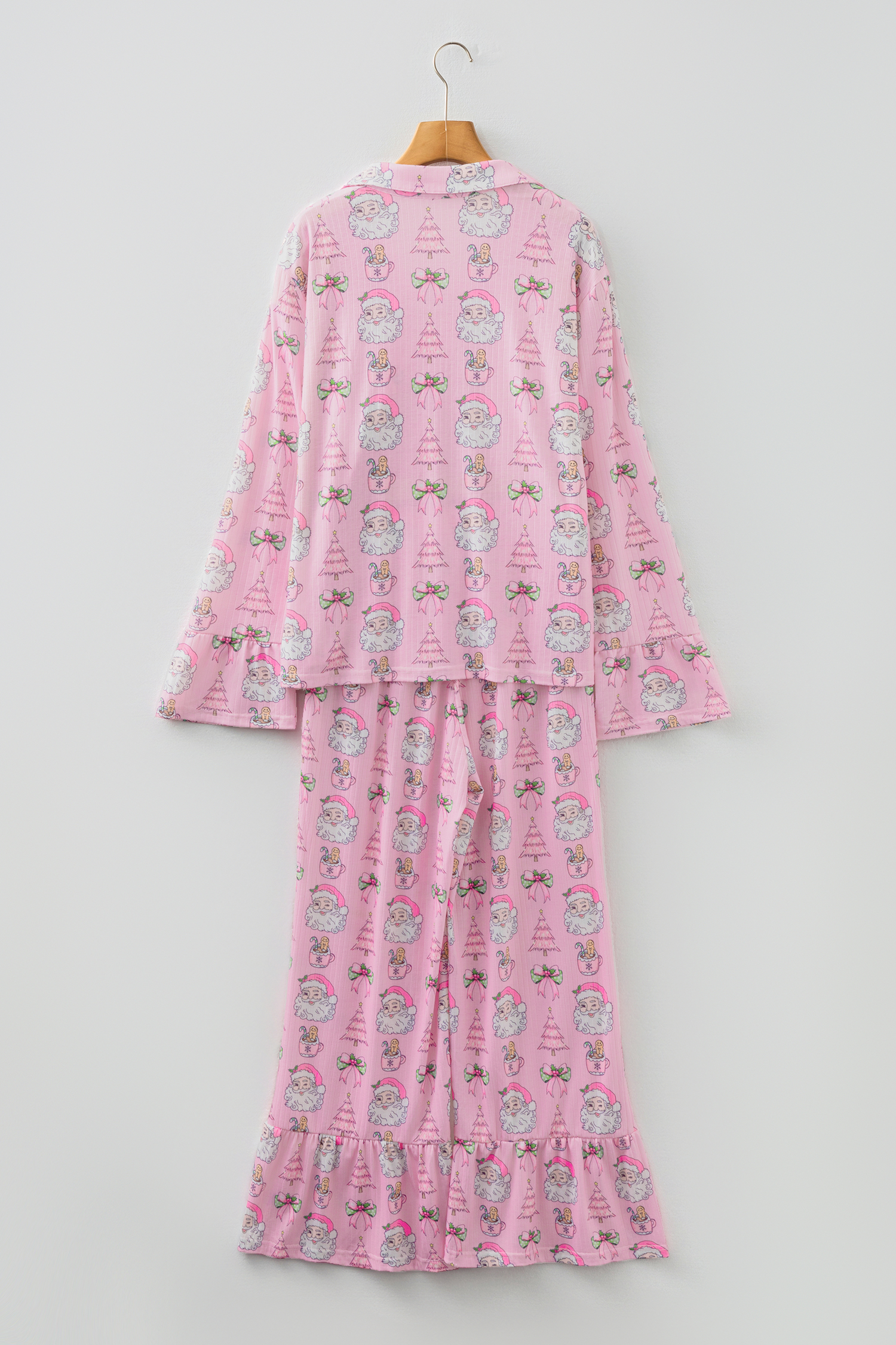 Pink Christmas Print Ruffled Ribbed Shirt & Pants 2 Piece PJ Set - loveforevers