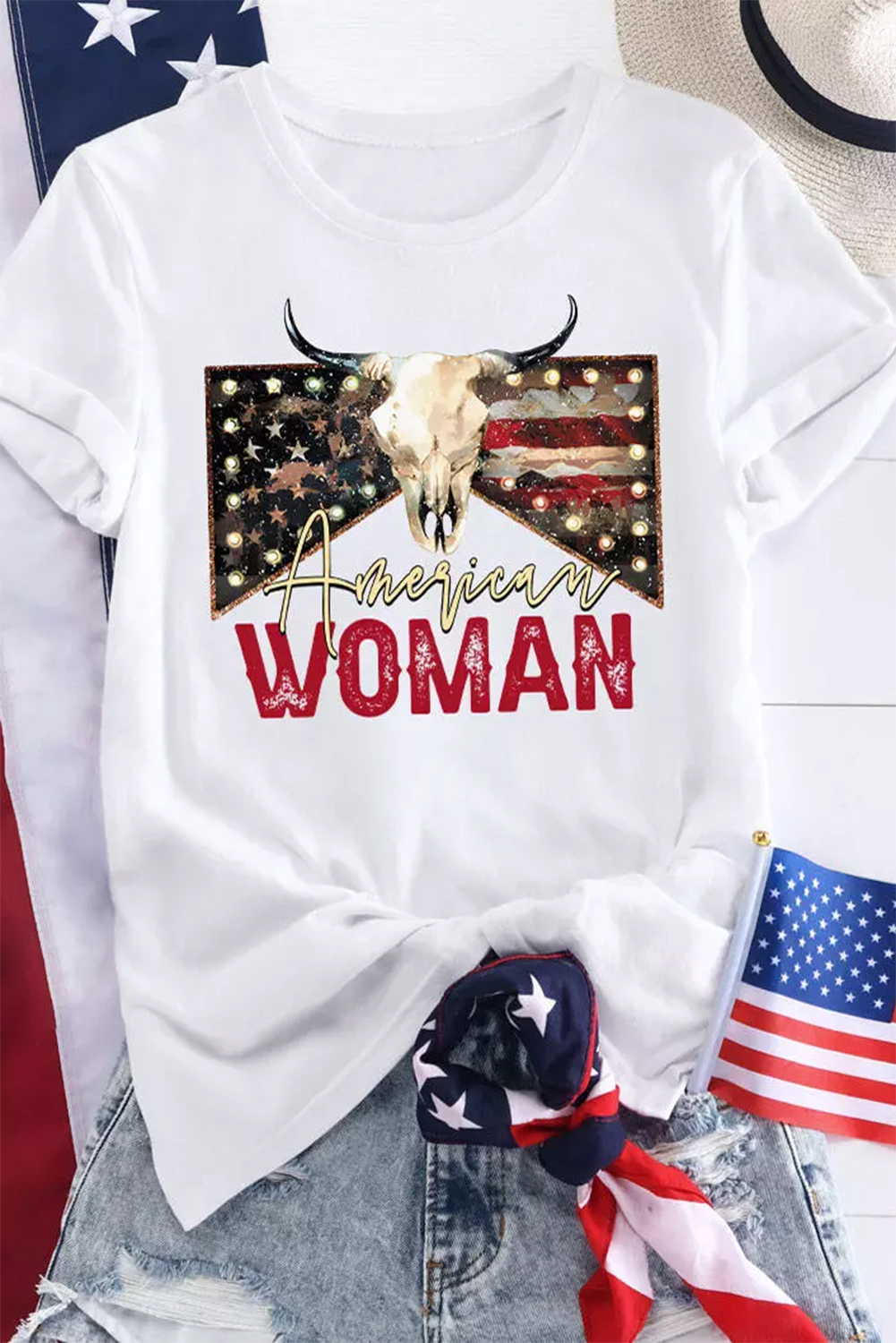 White American Woman Bull Skull Graphic T Shirt - loveforevers