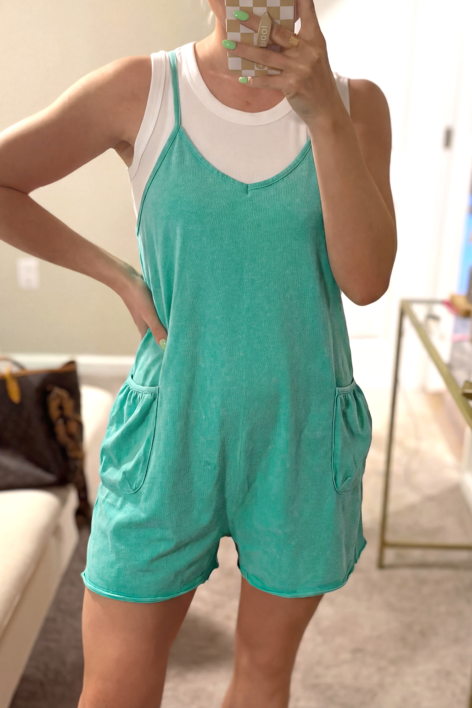 Mint Green Mineral Wash Spaghetti Straps Pocketed Romper - loveforevers