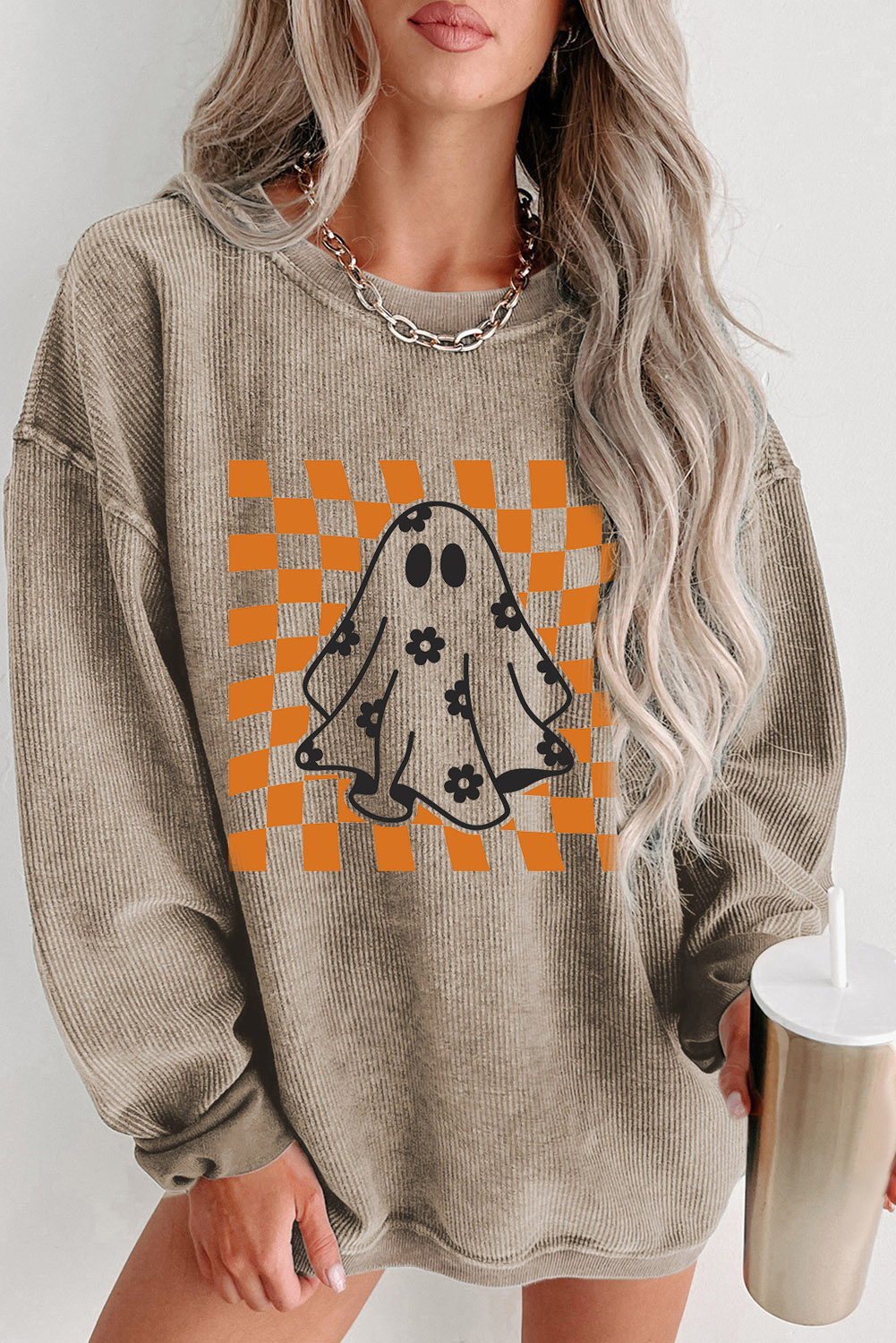 Khaki Checkerboard Floral Ghost Graphic Corded Halloween Sweatshirt - loveforevers