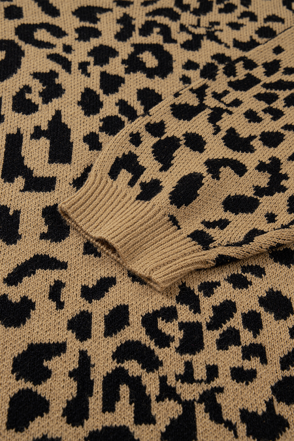 Light French Beige Ribbed Trim Round Neck Leopard Drop Shoulder Sweater - loveforevers