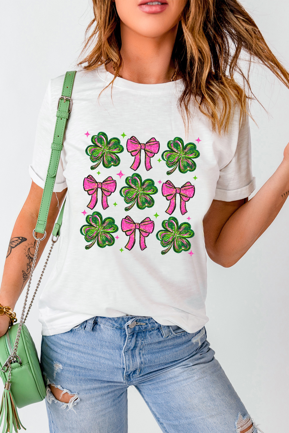 White St Patrick Shamrock Bowknot Printed Crewneck Tee - loveforevers