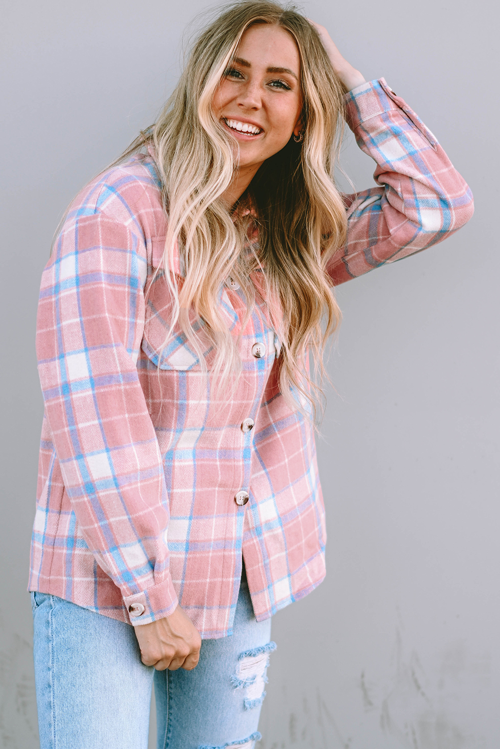 Pink Plaid Flap Pocket Flannel Shacket - loveforevers