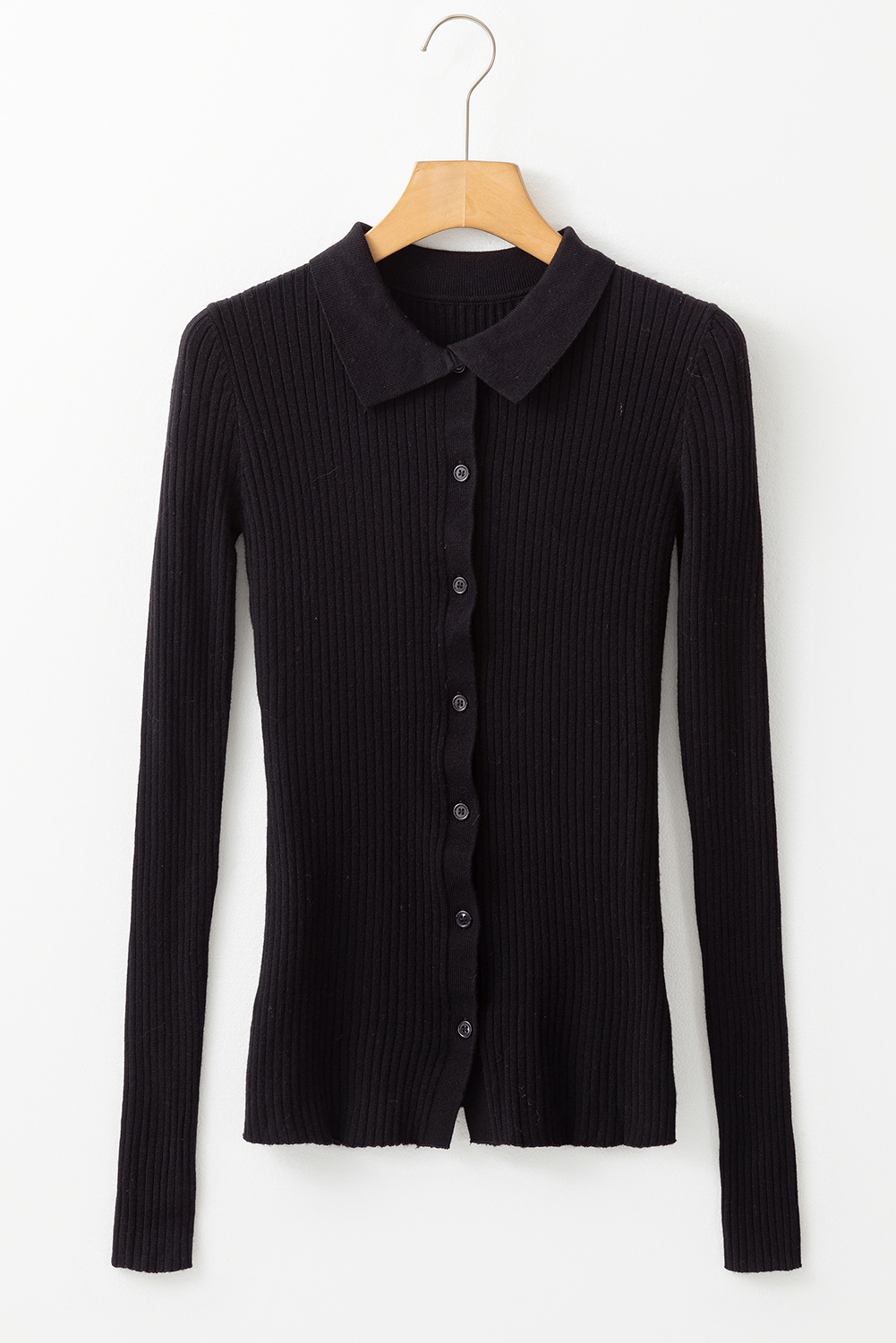 Black Ribbed Knit Collared Slim Fit Sweater Cardigan - loveforevers
