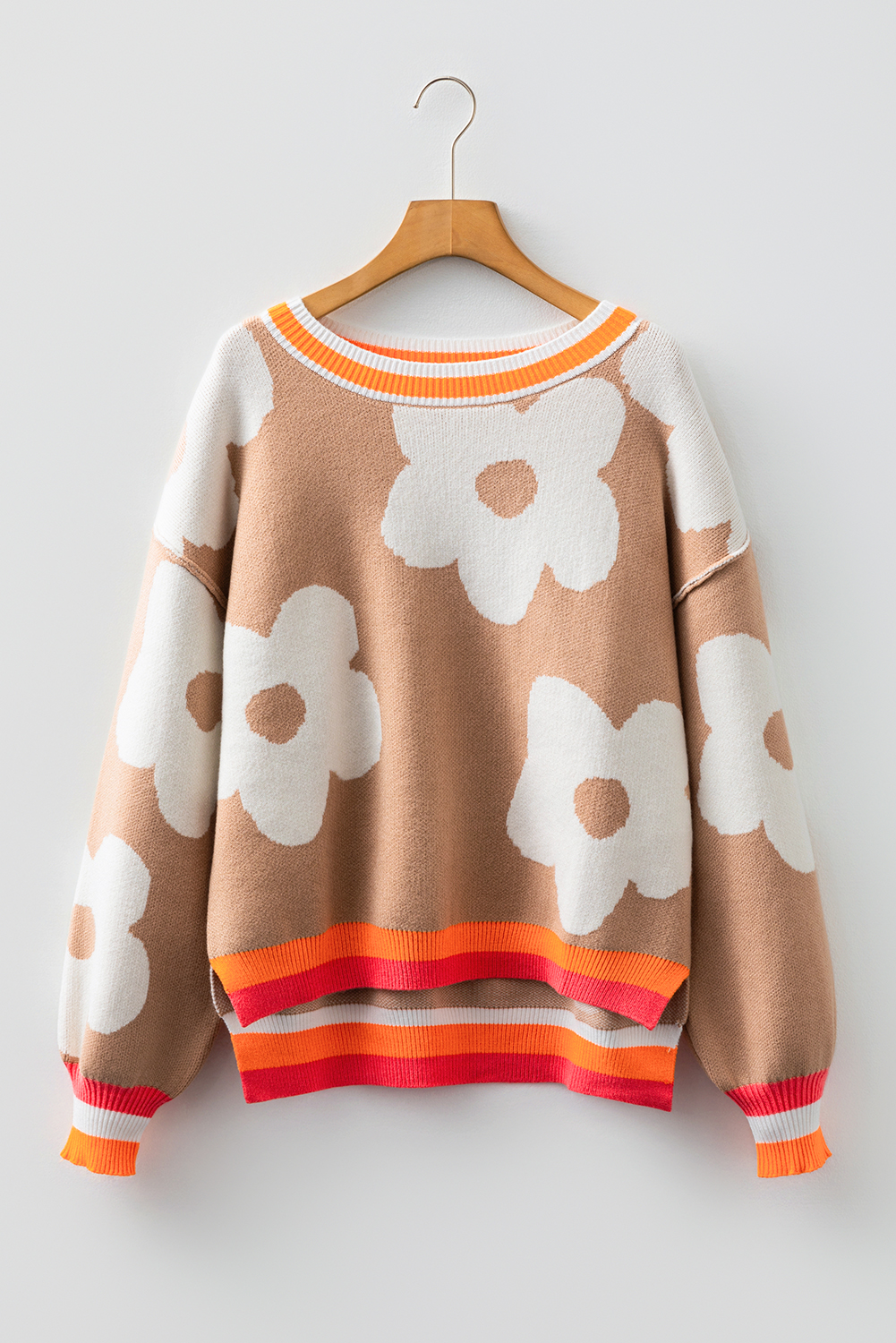 Smoke Gray Big Flower Pattern Contrast Striped Baggy Sweater - loveforevers