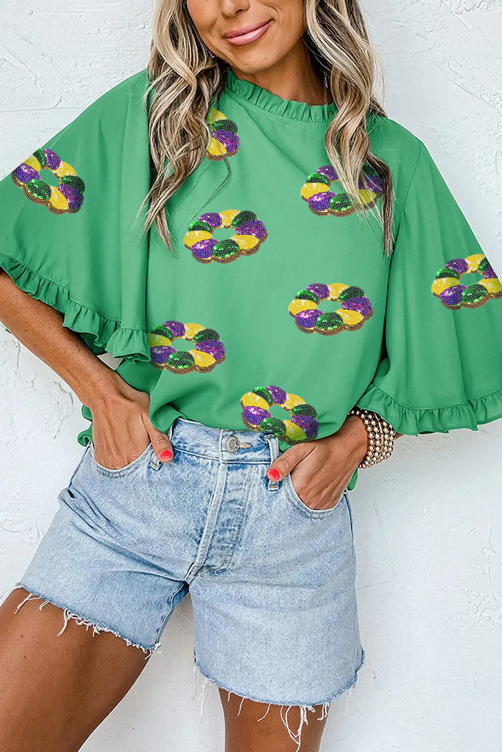 Green Sequin Doughnut Graphic Ruffled Trim Bell Sleeve Mardi Gras Blouse - loveforevers
