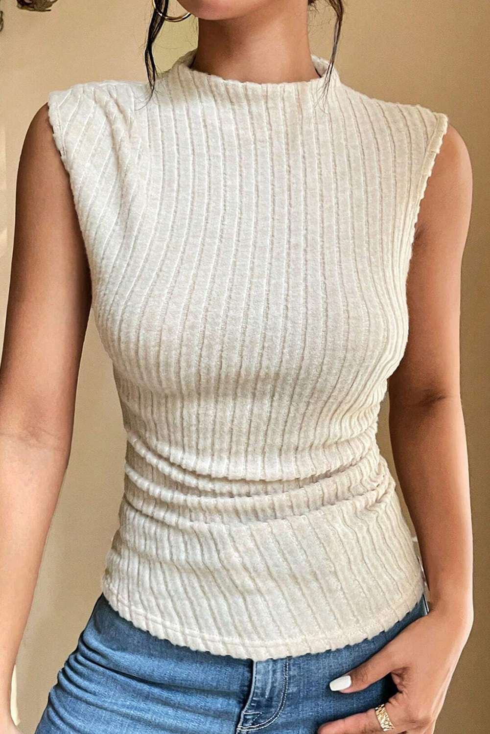 Apricot Ribbed Knit Mock Neck Tank Top - loveforevers
