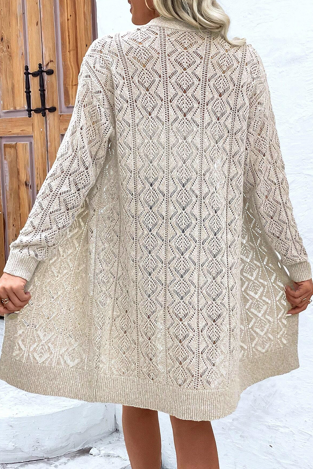 Parchment Hollow Out Buttons Front Long Cardigan - loveforevers