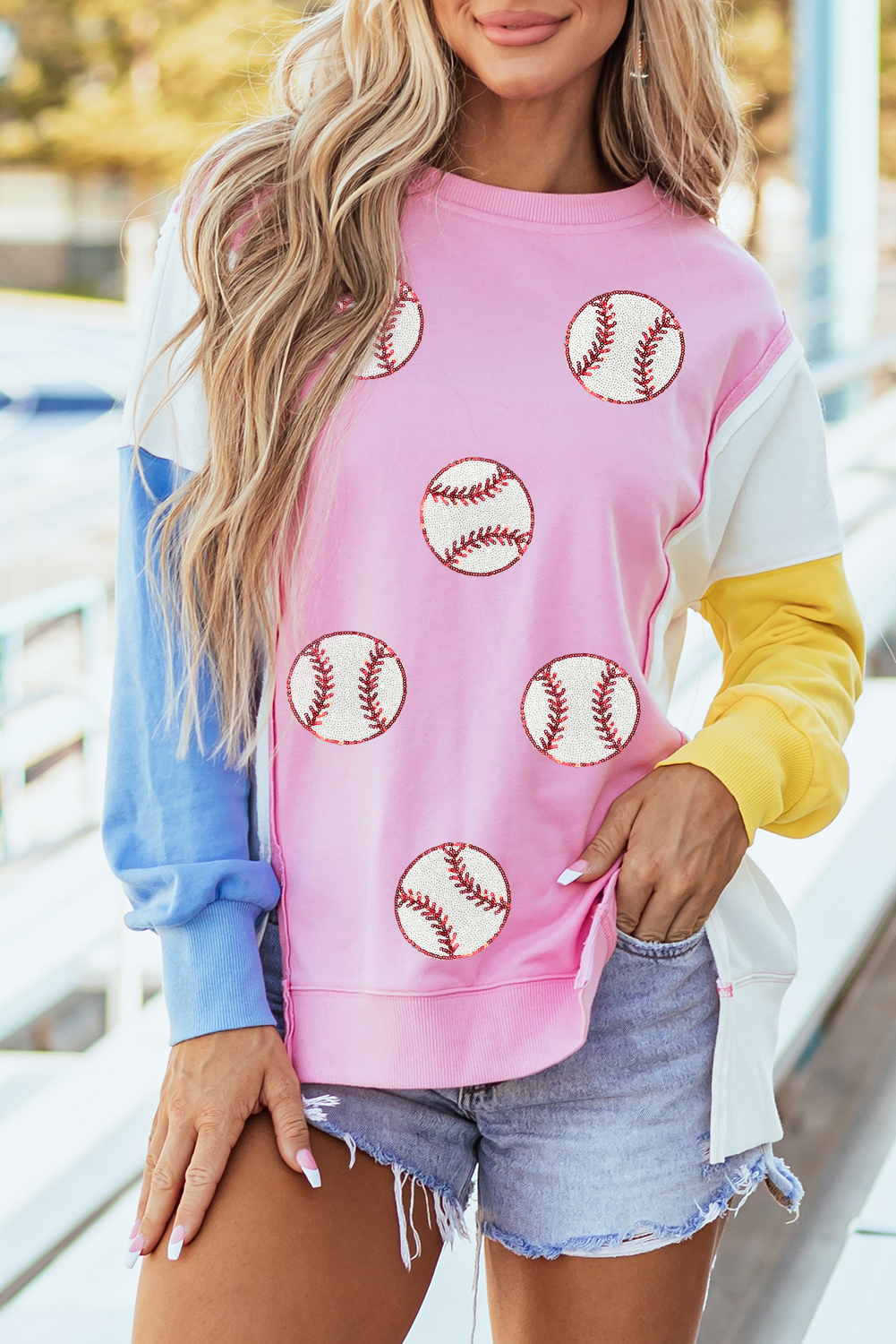 Bonbon Color Block Patchwork Sequin Baseball Patched Sweatshirt - loveforevers