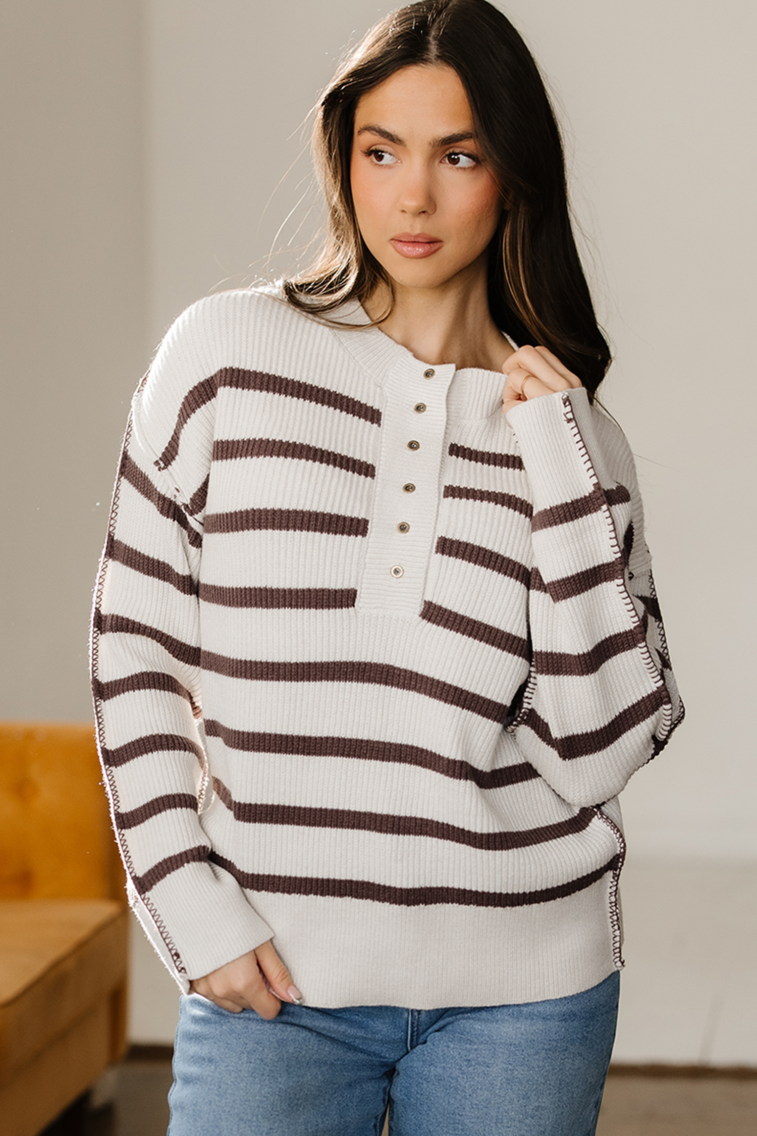 Brown Stripe Ribbed Henley Drop Shoulder Slouchy Sweater - loveforevers